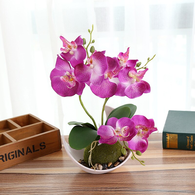 Kunstig sommerfugl orkidé potteplanter silke blomst med plastik potter mos hjem balkon dekoration vase sæt bryllup dekorative