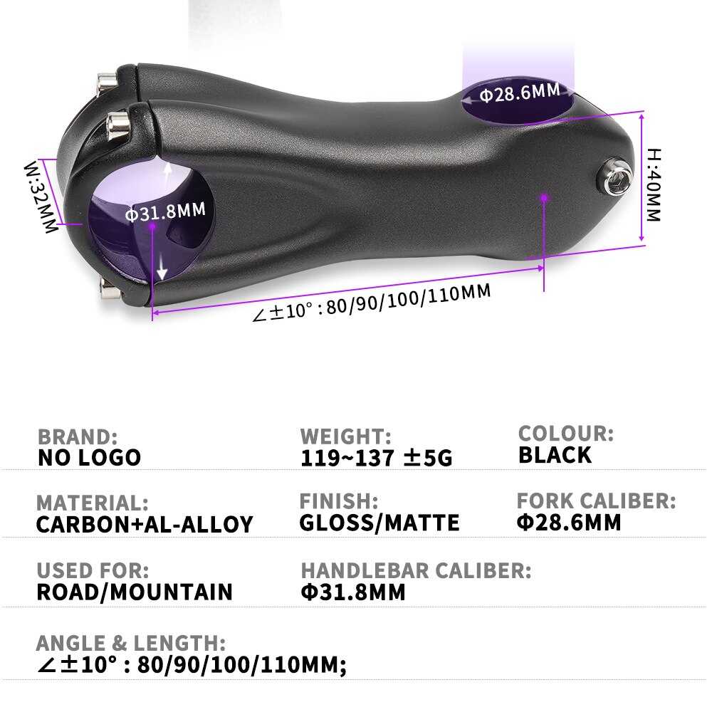 Road Bicycle Carbon Stem Black Matte Bicycle Accessories 10 Degree Bike Stem Carbon 80 90 100 110mm