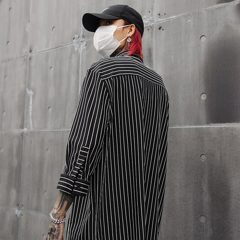 Hip hop Men Extra long Striped shirt long sleeve Black and white Spring Summer