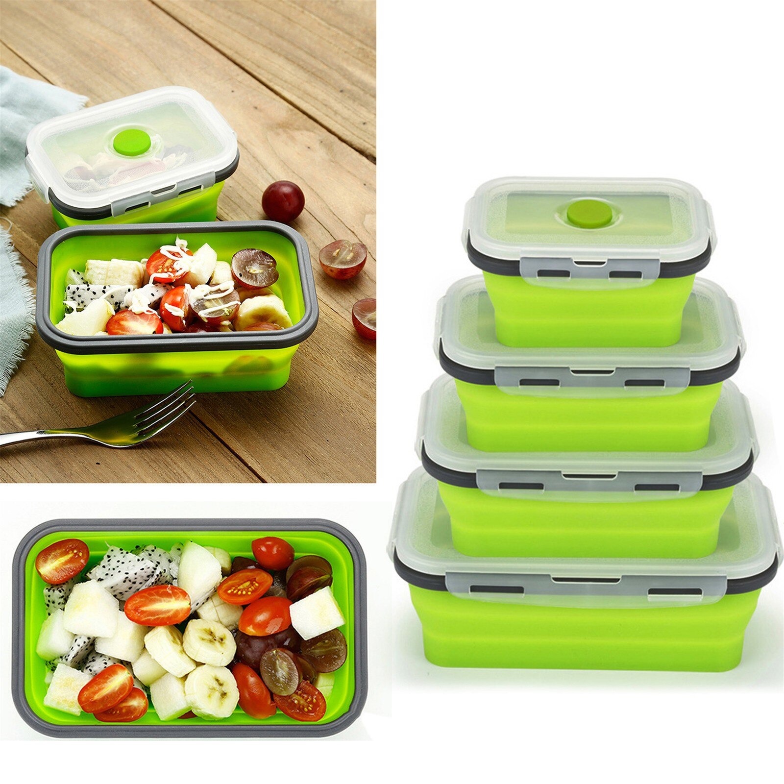 4 Pcs Silicone Collapsible Outdoor Lunch Box Food Storage Container Eco-friendly Microwavable Portable Reusable Picnic Camping