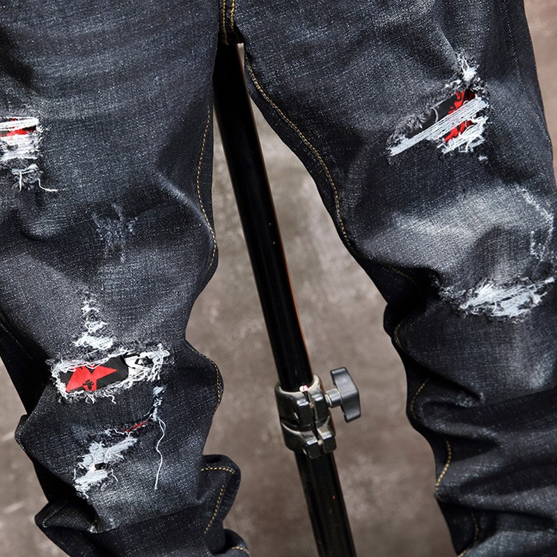 Stretch Slim Men's Grey Jeans Punk Hole Red Patch Pants Ripped Skinny Tore Up Jeans for Men Ankle Pants Streetwear