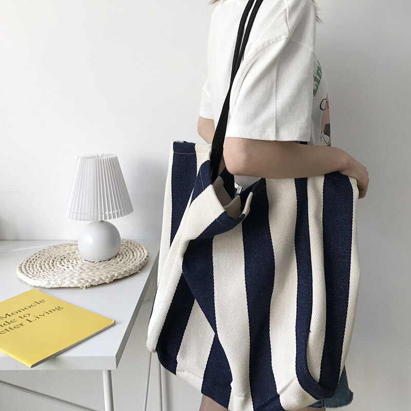 lässig gestreiften große kapazität totes frauen handtaschen leinwand damen schulter umhängetasche weiblichen groß einkaufen geldbörsen 2002: Blau