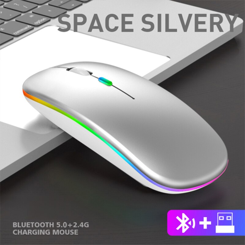 2.4G+ Bluetooth 5.0 Wireless Mouse Optical tracking Dual Mode Rechargeable RGB Mouses Button Mute 1600DPI PC Mouse: dual mode silver