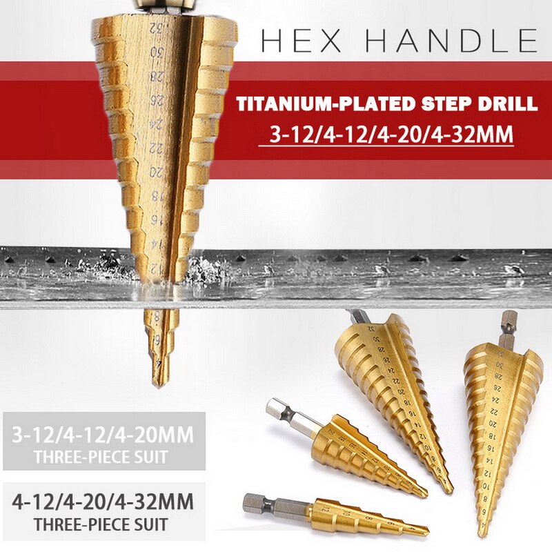 3pc Hss step drill bit set cone hole Taper metric 4 - 12 / 20 / 32mm 1 / 4 "titanium coated metal hex core drill bits