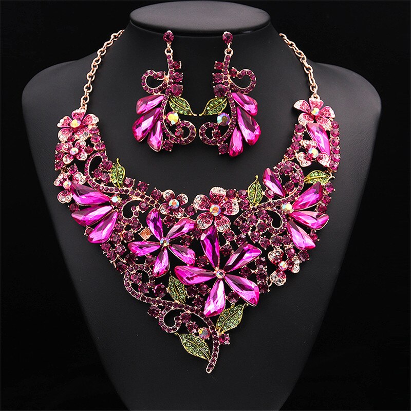 Wedding Jewelry For Women Bridal Crystal Necklace Earring Sets Charm Five-leaf Flower Luxurious Jewelry Valentine&#39;s Day