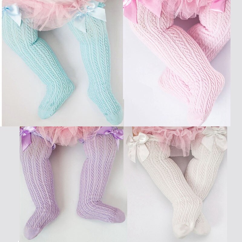 Chaussettes hautes pour -né, chaussettes d'été en maille fine, en coton doux, avec nœud papillon, pour bébé fille