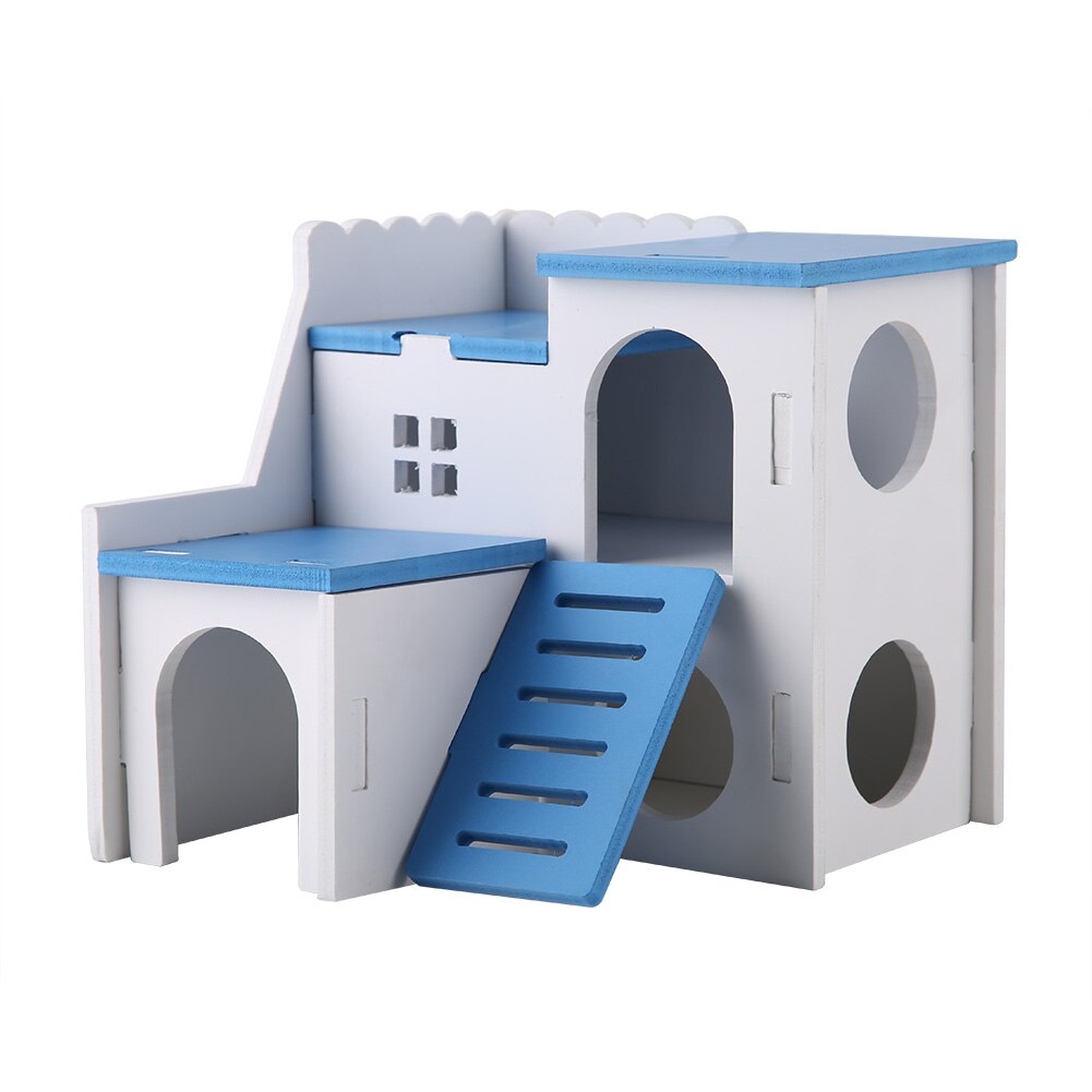 Lille kæledyr hamster legehus træmonteret villa kæledyrsbed bur hus pindsvin slot klatre legetøj (dobbelt lag værelse): Blå