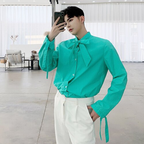 Mannen Mode Strik Tie Lange Mouwen Losse Geel Shirt Party Dress Shirt: Green / L