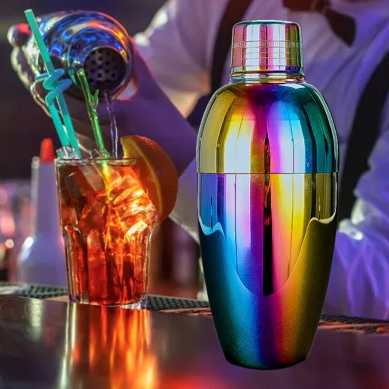 Vintage Stainless Steel Cocktail Shaker Built in Strainer Iridescent Rainbow Metal Martini Drink Mixer Home
