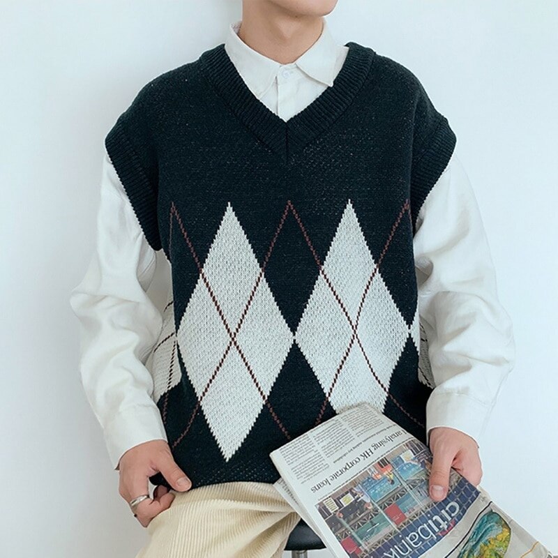 Suéteres sin mangas con cuello en V para hombre, retales con corte lateral, estilo pijo, Retro, ,