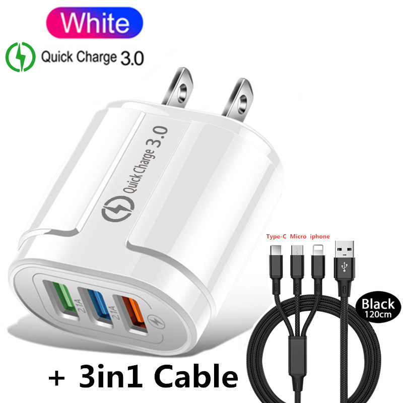 Qc3.0 carregador usb carga rápida 3.0 parede carregador rápido ue/eua plug para o iphone x 8 7 ipad xiaomi huawei telefone móvel samsung carregador: US 3in1 Cable White