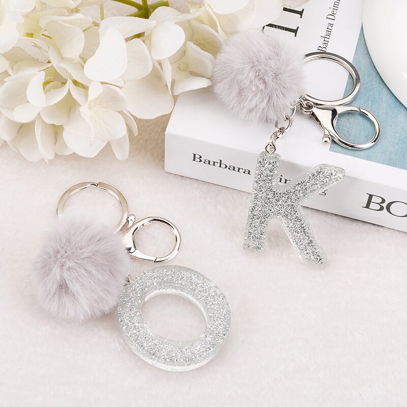 1 PC Sleutelhanger Zilver Kleur Engels Brief Sleutelhanger met Puffer Bal 26 Engels woord Glitter Hars A TOT Q Handtas bedels voor Vrouw