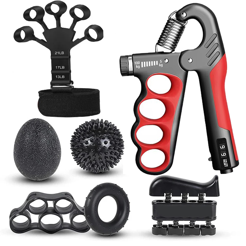 5-100kg justerbara handgreppsstyrkestärkare komplett set med mothåll för handled, underarm och handtränare för muskler: Brun