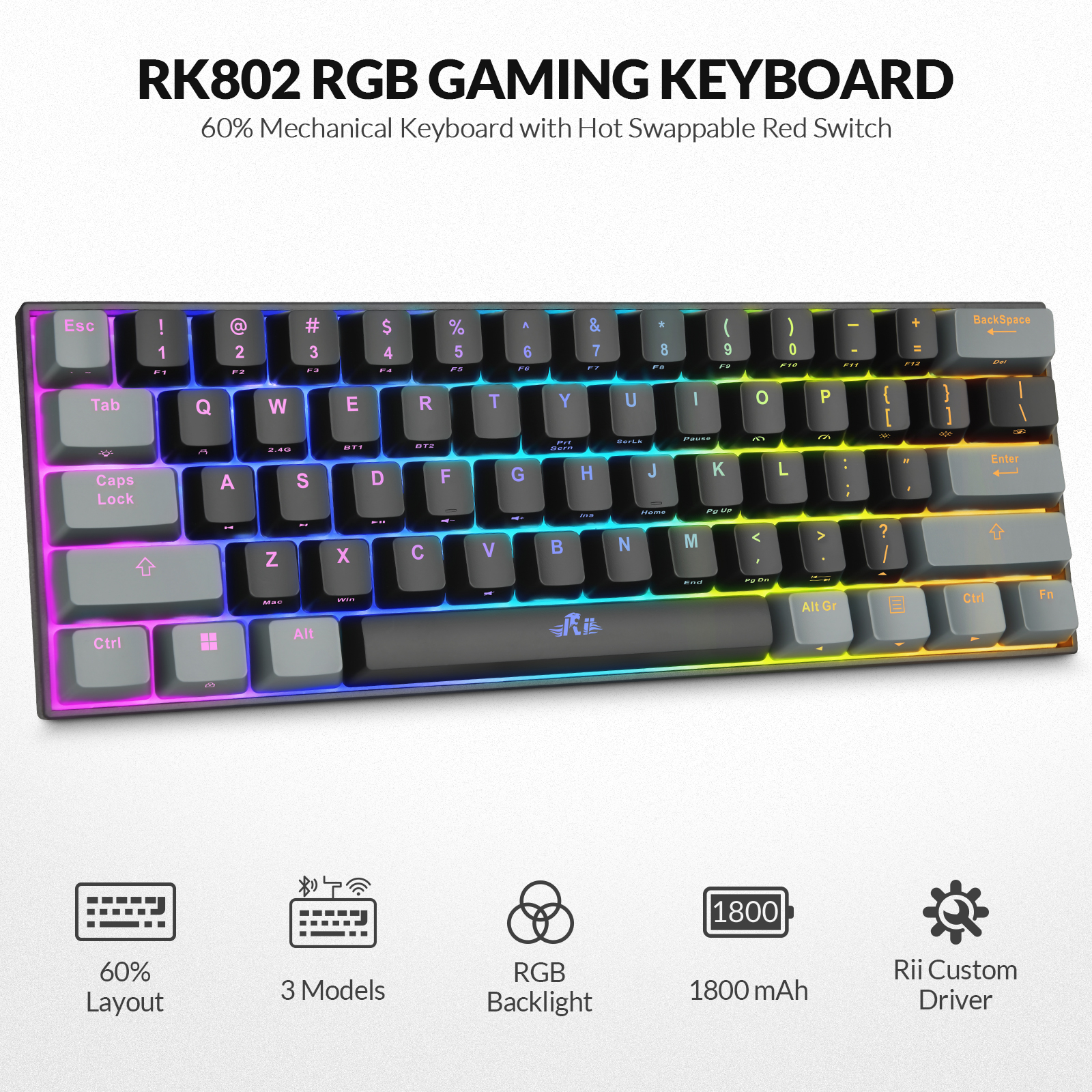 Rii-Teclado mecánico RK802 para juegos, periférico inalámbrico/Bluetooth/con cable RGB, 2,4G, para ordenadores portátiles con Windows y ordenador