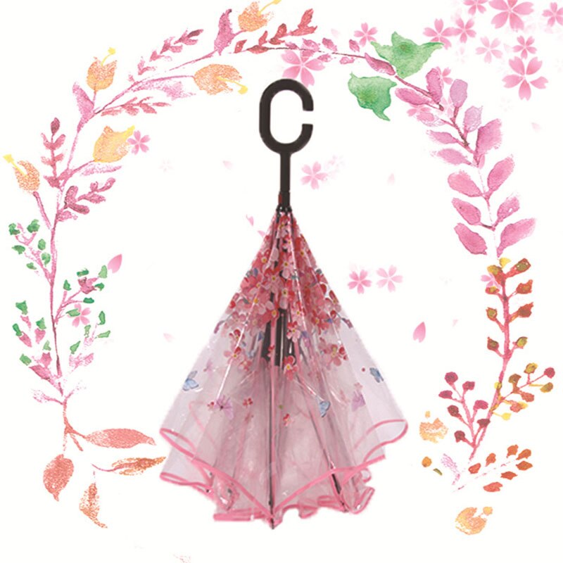 Ombrello trasparente inverso doppio strato invertito antivento manico C ombrelli da pioggia antivento per donna equipaggiamento da pioggia: rosa farfalla