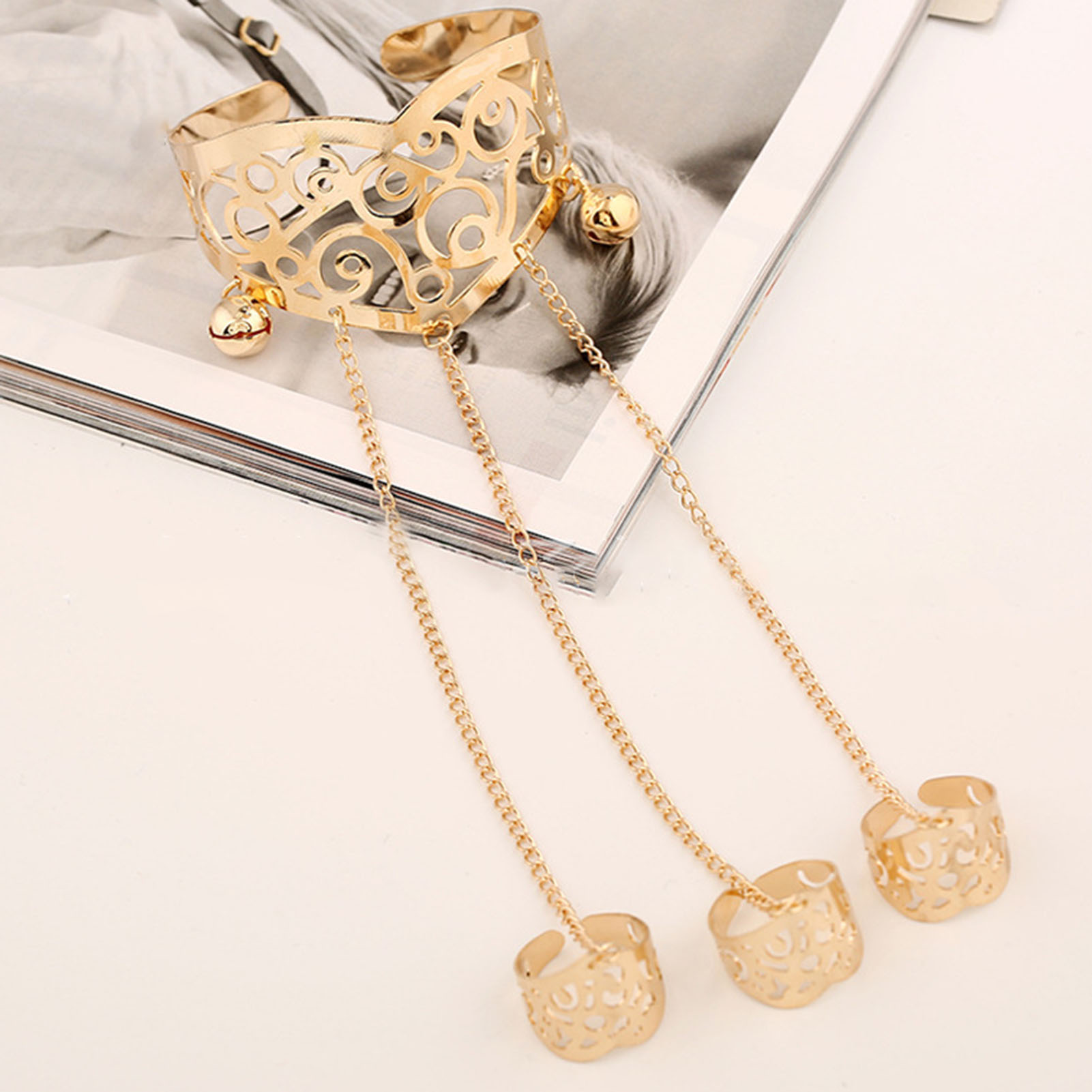 BLUELANS frauen Multilayer Metall Drähte Strings Open Armreif Breite Manschette Armband Hand Kette Ring Armband браслеты на руку: h