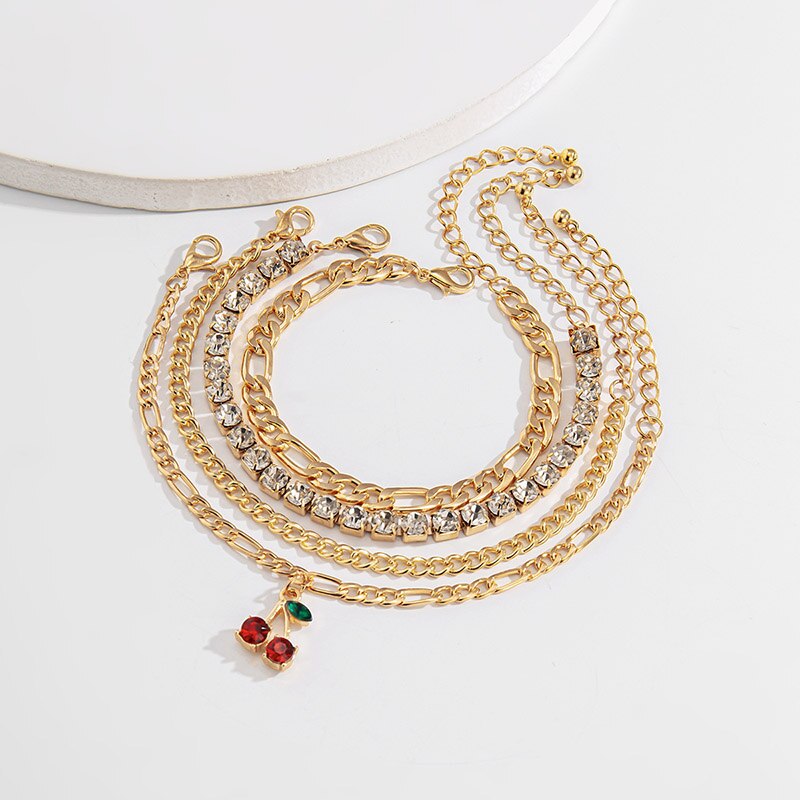 Populaire ins kersen armbanden voor vrouwen meerlaagse strass schakelketting bedelarmband dames sieraden