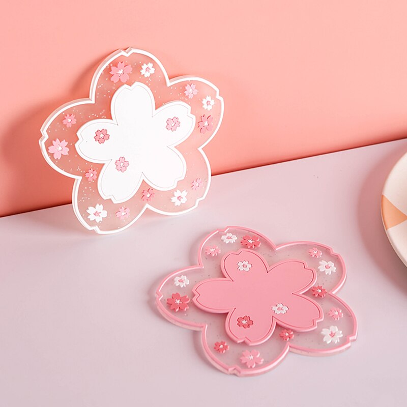 Tasse transparente à fleurs de cerisier, rose, café au lait, verre Sakura résistant à la chaleur, sous-verre Kawaii