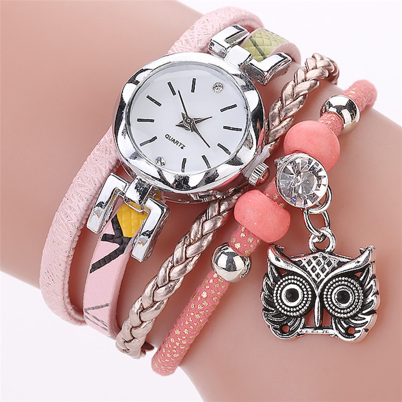 Mode Vrouwen Meisje Horloges Uil Hanger Armband Dames Jurk Horloge Lederen Band Quartz Horloge Luxe Casual Klok Relogio # c