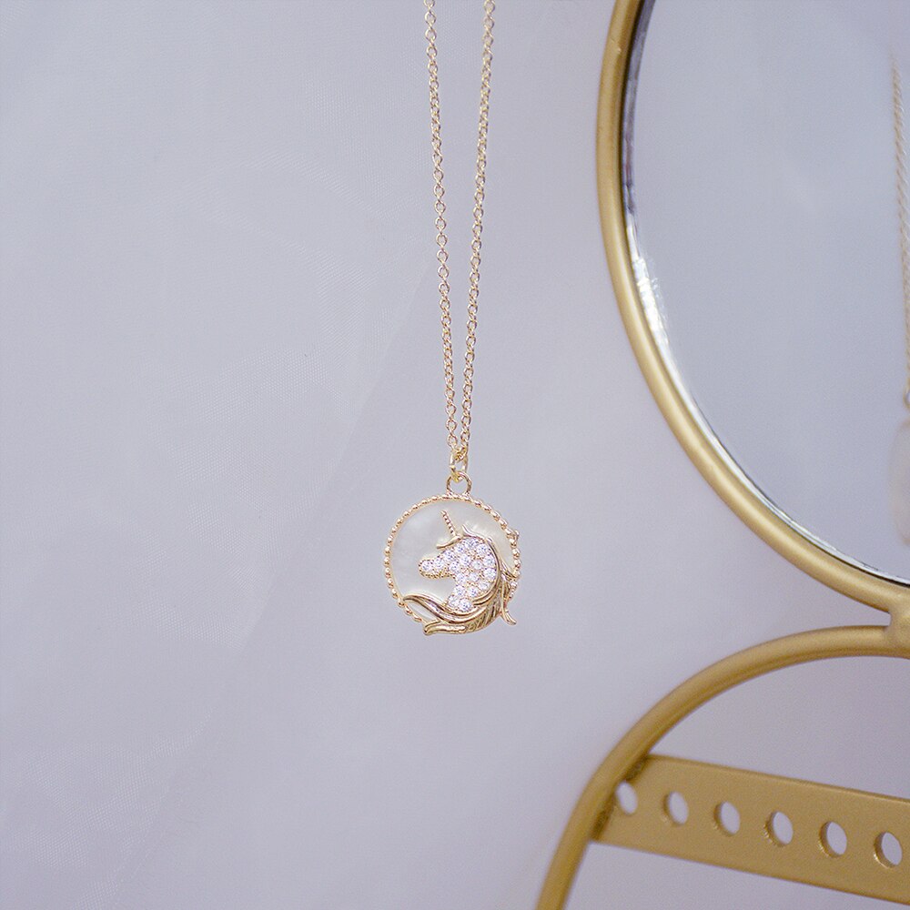 Ins romantisk micro inlay zircon mønt enhjørning halskæde til kvinder 14k ægte guld temperament luksuriøs bijoux fødselsdag: Default Title