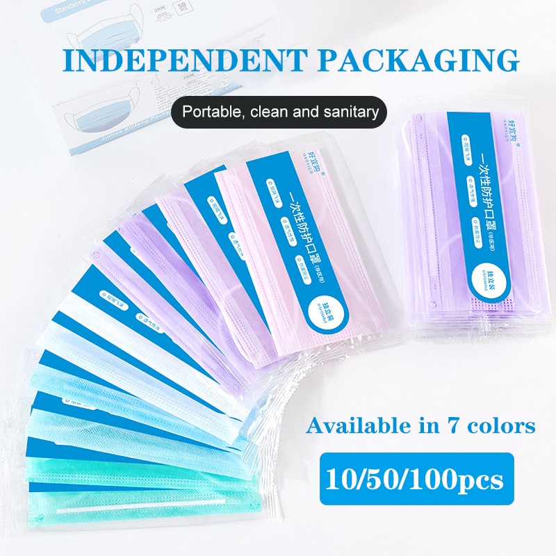 10/50/100 pièces masque facial emballage indépendant masque facial jetable masque de 3 couches Non-tissé fondu masque soufflé masque de couleur adulte