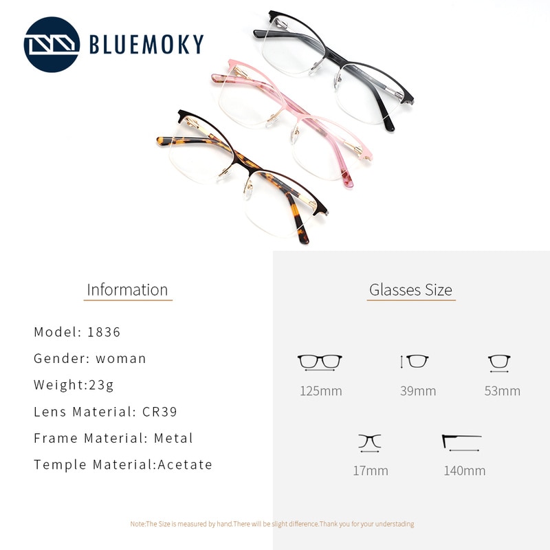 BLUEMOKY Alloy Metal Half frame Glasses Frames Semi-Rimless Spectacle Eyeglasses Frame for Women Prescription Optical Eyewear