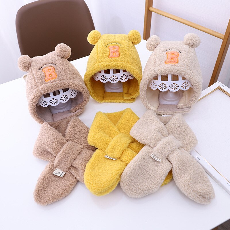 Doitbest vindtät baby barn mössa två bollar b bokstäver lammull varma pojkstickade mössor vinter 2 st pojke tjej mössa scarf set