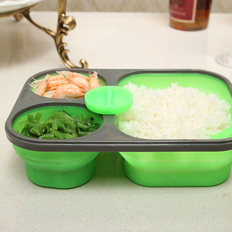 Compartment Food Container with Lid, Bento Lunch Box, Leak Proof, Microwave Safe, Silicone Collapsible Lunch Box