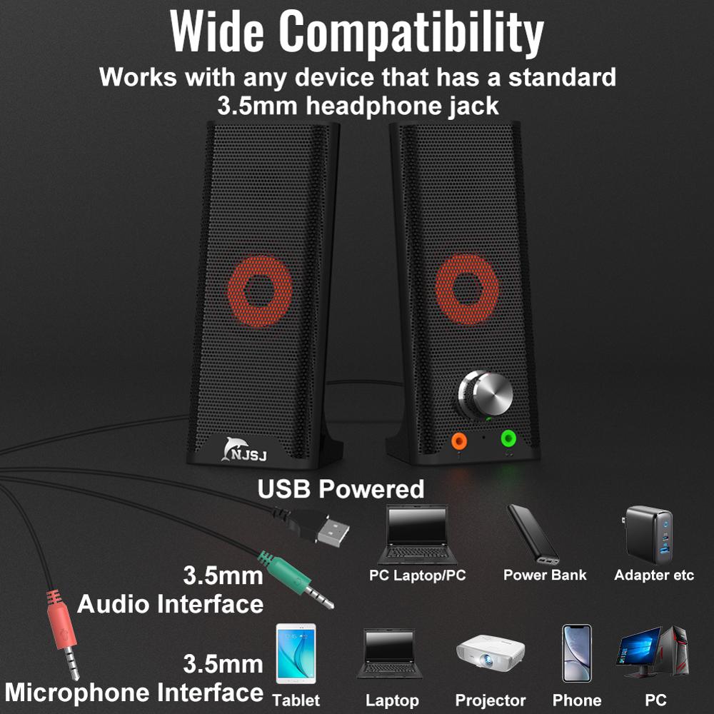 NJSJ USB-Powered Computer Speakers with 3.5mm AUX 2.0CH Surround Sound LED Volume Control Mini Speaker for Multiple Devices