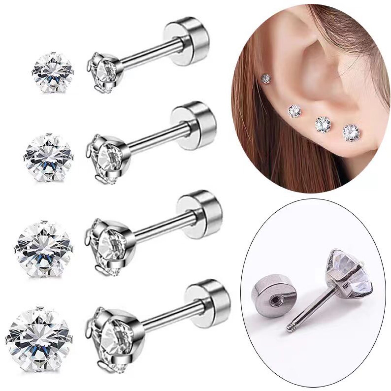 1Pair Stainless Steel Crystal Screw Back Stud Flat Earrings for Women Men Punk Cool Clear Cubic Zirconia Tiny Piercing Style