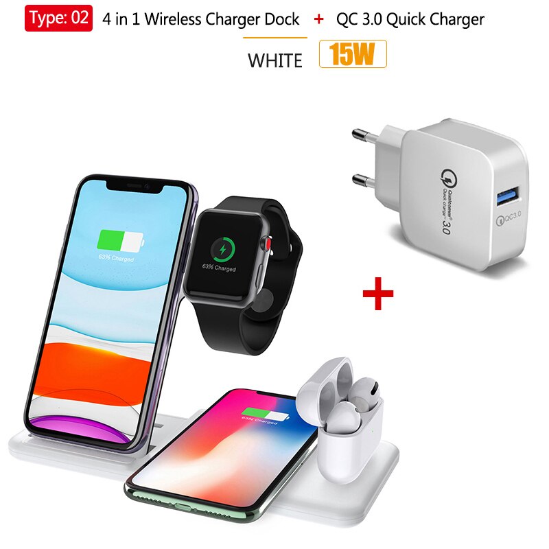 4in1 Qi Wireless Charge Station Foldable Base 15W Fast Wireless Charging for Samsung S20 S10 Huawei Apple iWatch 5 4 3 Airpods 2: T2 15W White QC3.0