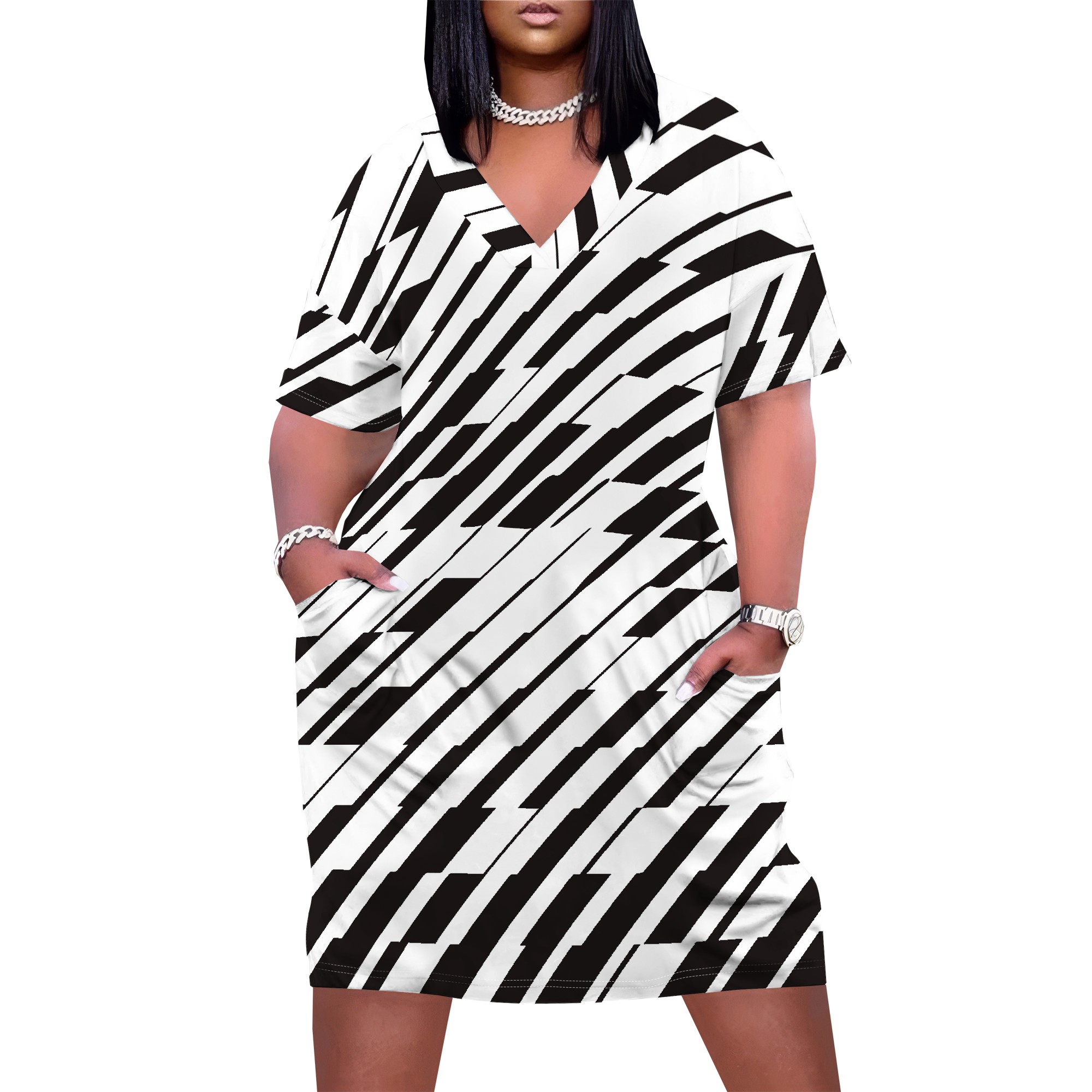 Plus size kvinder afslappet t-shirt kjole med v-hals og korte ærmer, to lommer foran, ensfarvede oversize kjoler: 4xl / Guld
