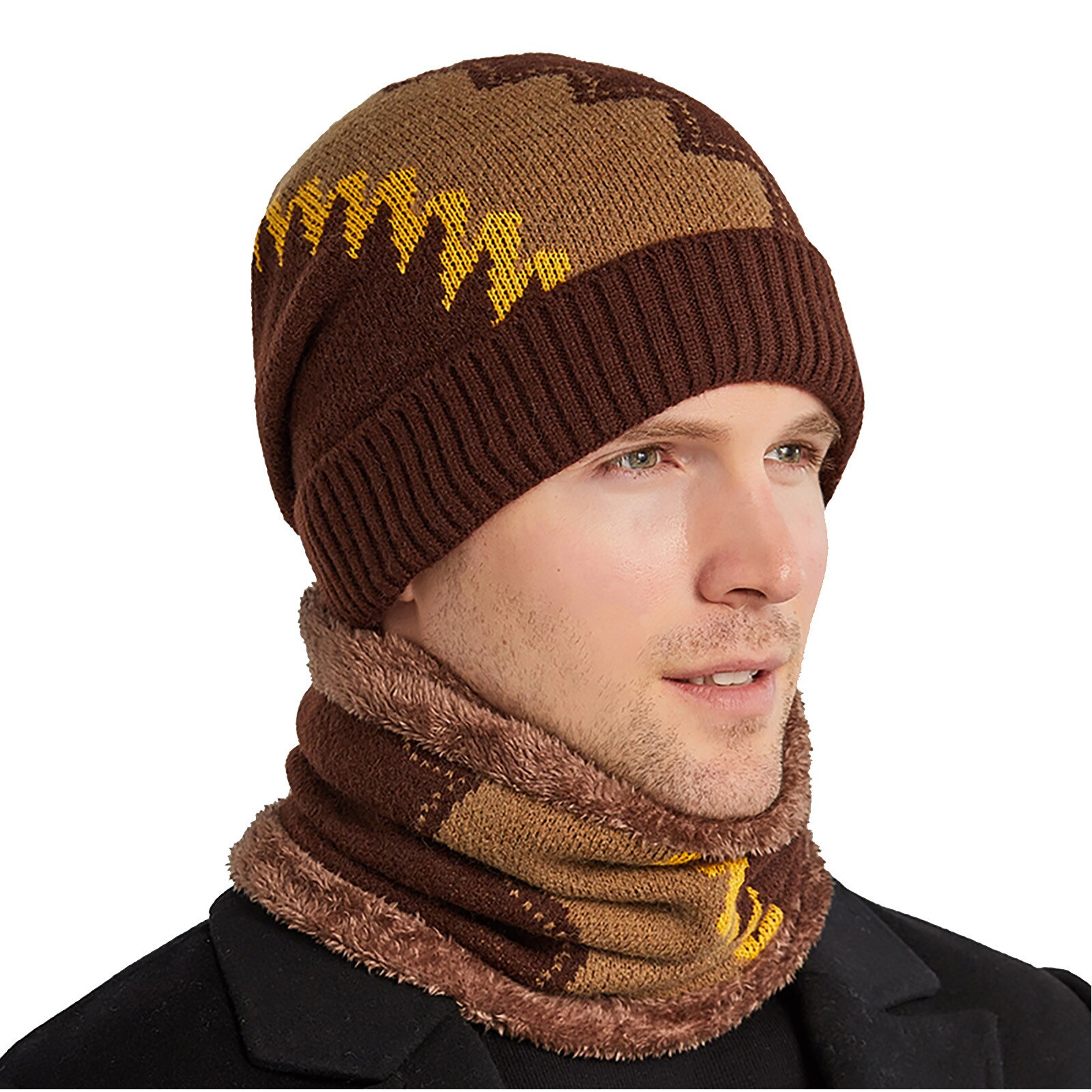 2Pcs Ski Cap En Sjaal Koude Warm Leer Winter Hoed Voor Vrouwen Mannen Gebreide Muts Motorkap Warme cap Mutsen: Brown