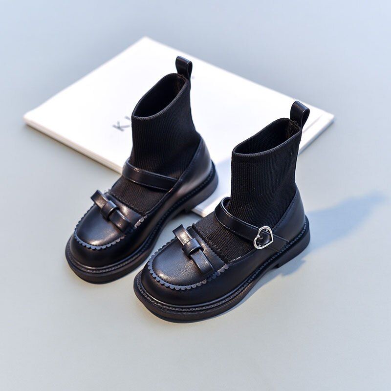 Mädchen süße schmetterlingsknoten-sockenstiefel prinzessin Baby herbst pu leder flache kinderschuhe 03a: Schwarz / 31