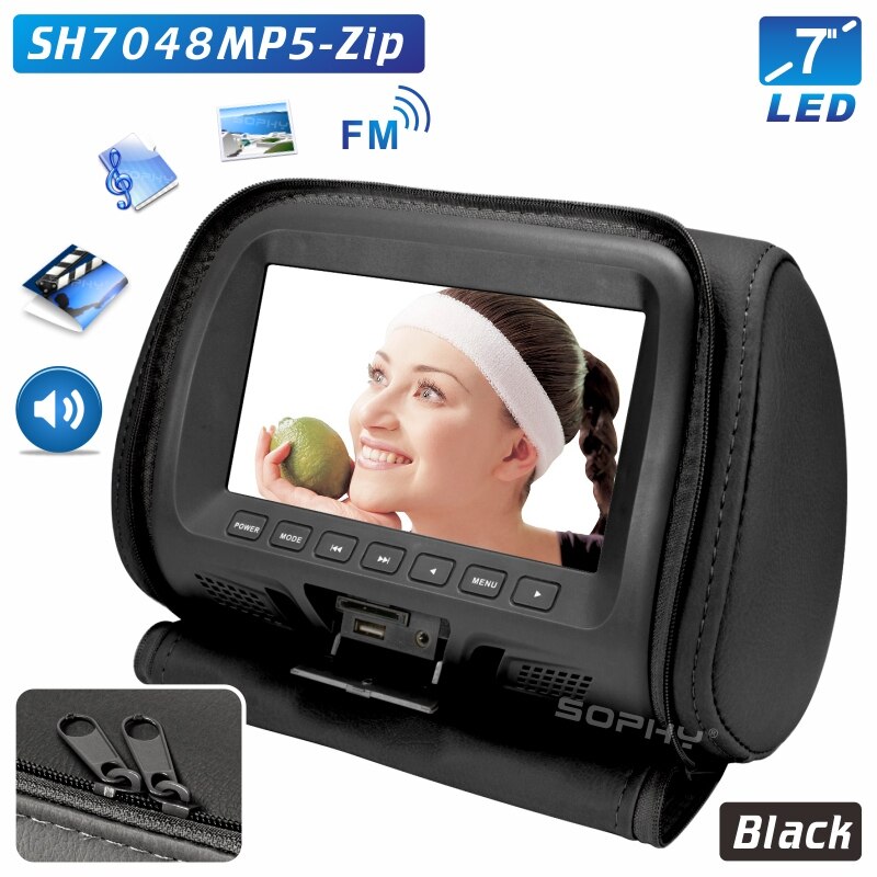 7 zoll Universal Auto Kopfstütze Monitor Automobil Hinten Sitz Unterhaltung Multimedia Video Player AV USB SD MP4 FM: SH7048-P5-Zip-Black