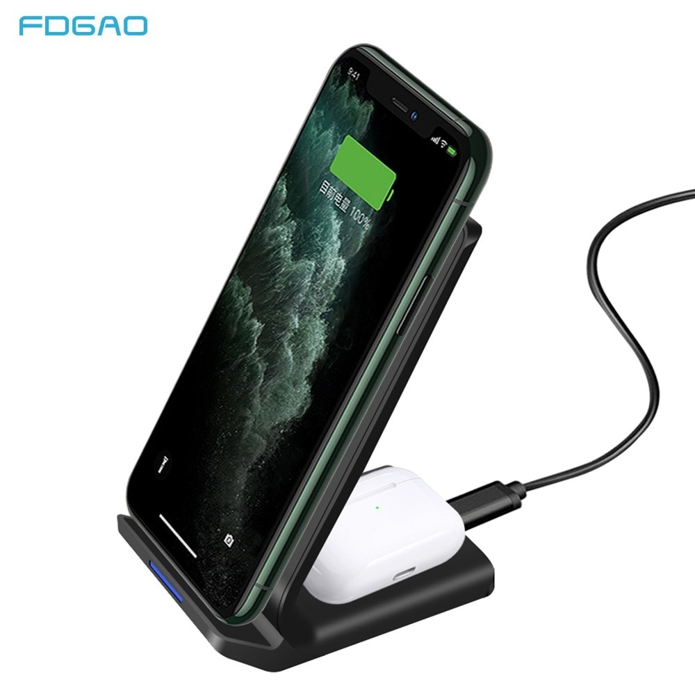 FDGAO 15W Fast Charge Qi Wireless Charger For iPhone 11 X XS XR 8 Plus Airpods Pro Samsung S20 S10 Buds Phone Charger Dock Stand