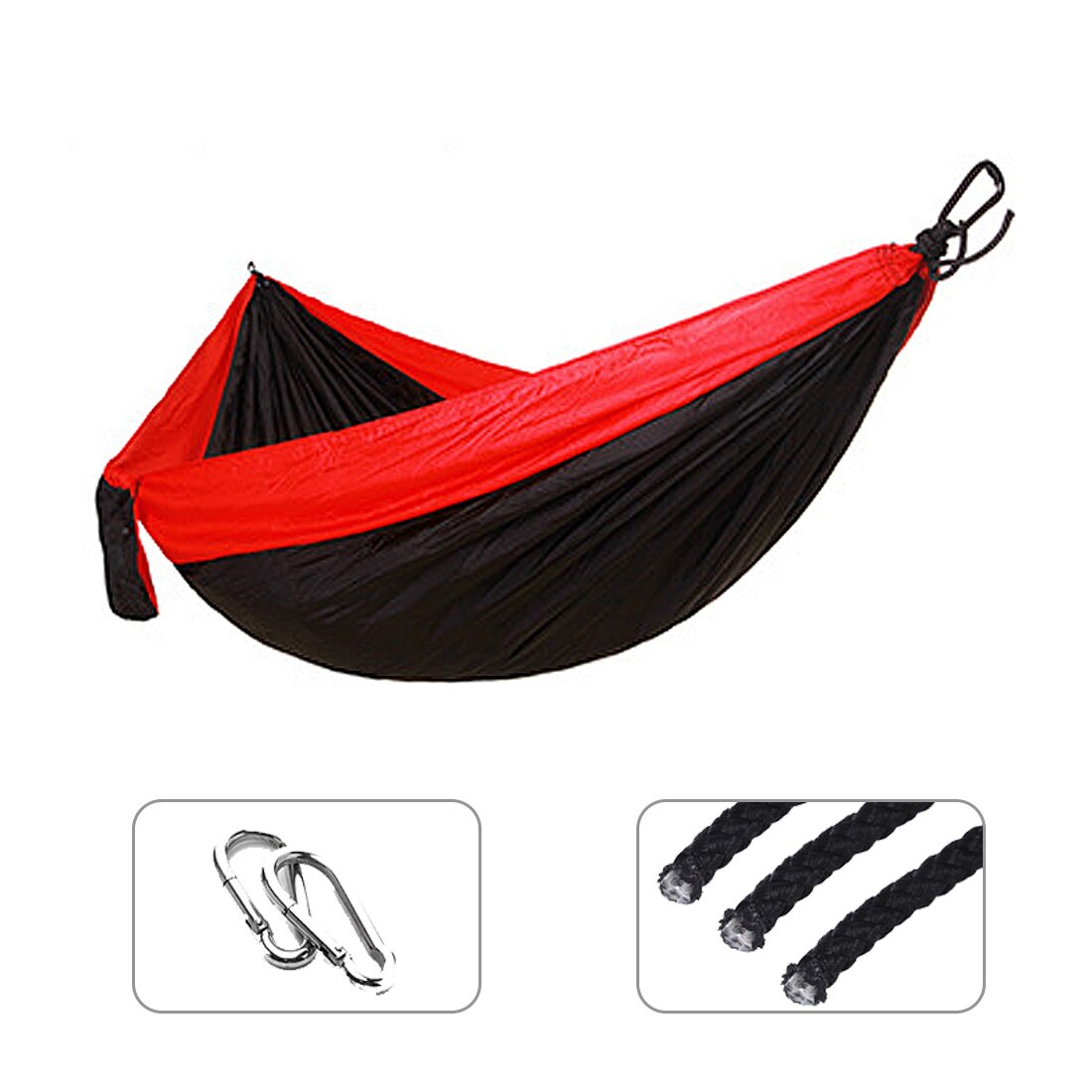 Single Double Hammock Adult Outdoor Backpacking Travel Camping Survival Sleeping Bed Portable Thicken With 2 Ropes 2 Carabiners: Red add Black