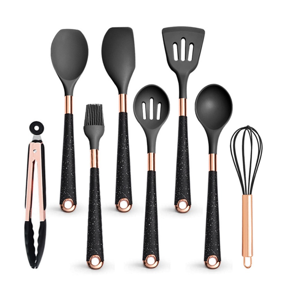 Silicone Cooking Utensils Set Heat Resistant Kitchen Spatula Spoon Non-Stick Tools With Rose Gold-Plated Handle And Holder: transparent