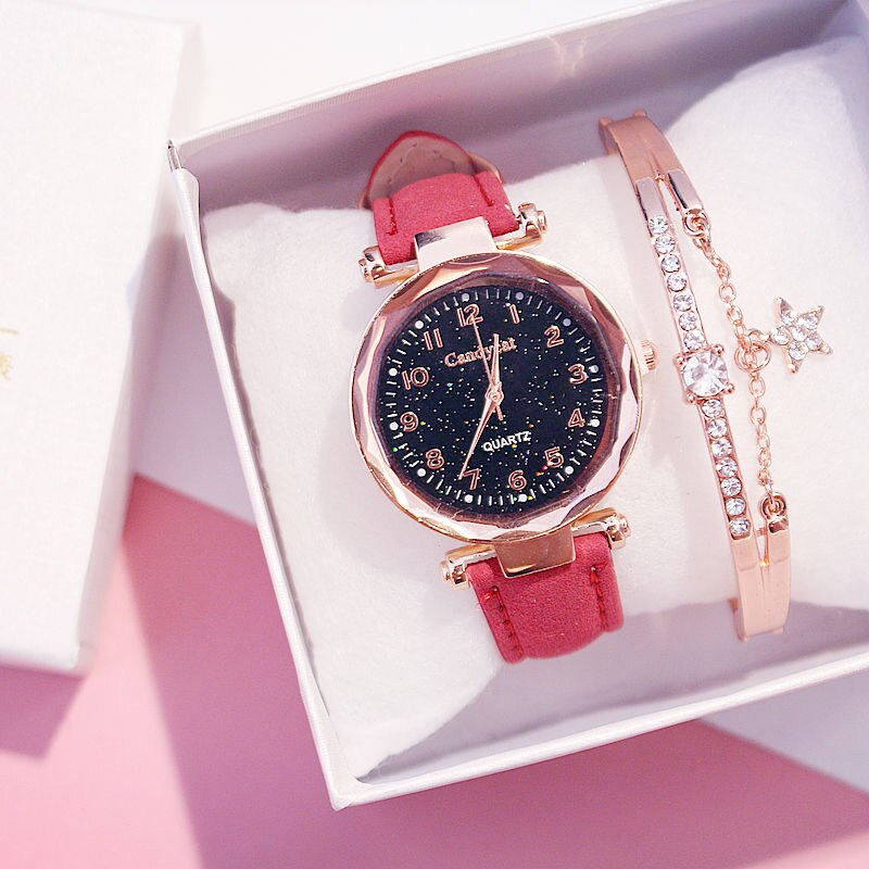 Starry Sky Bracelet Watches Casual Women Watches Bracelets set Leather Analog Quartz Wristwatches Clock relogio feminino: Red Color Bracelet