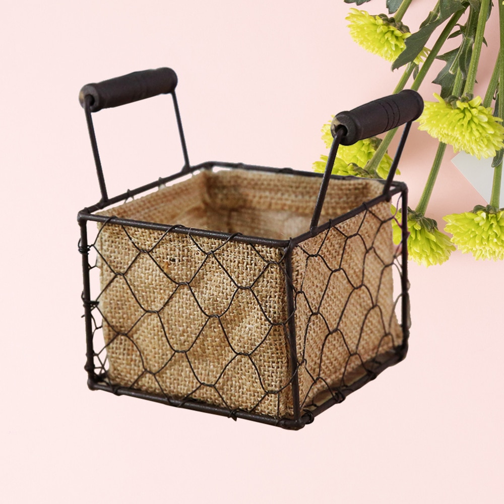 Retro stoffen mand landelijke stijl opbergmand bloemenmand draad vierkante mand met handvatten woondecoratie ornament