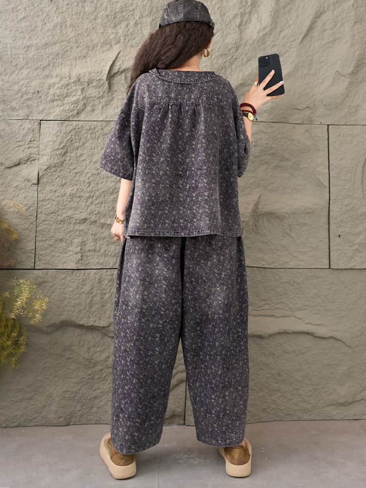 AmaxluluE, trajes vaqueros estampados de verano para mujer, conjuntos de 2 piezas florales sueltos, conjunto de , Tops con cuello redondo, camisetas, pantalones vaqueros informales, pantalones clásicos