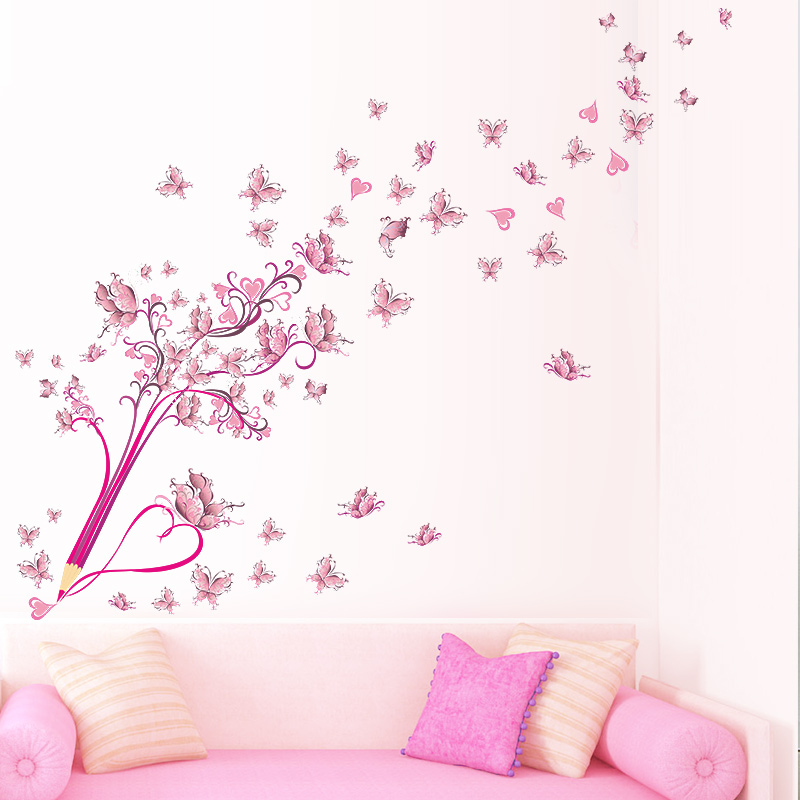 Vliegende Roze Buttrfly Bloesem Potlood Boom Verwijderbare Woonkamer Meisjes Slaapkamer Muur Sticker DIY Home Decor Decal Mural