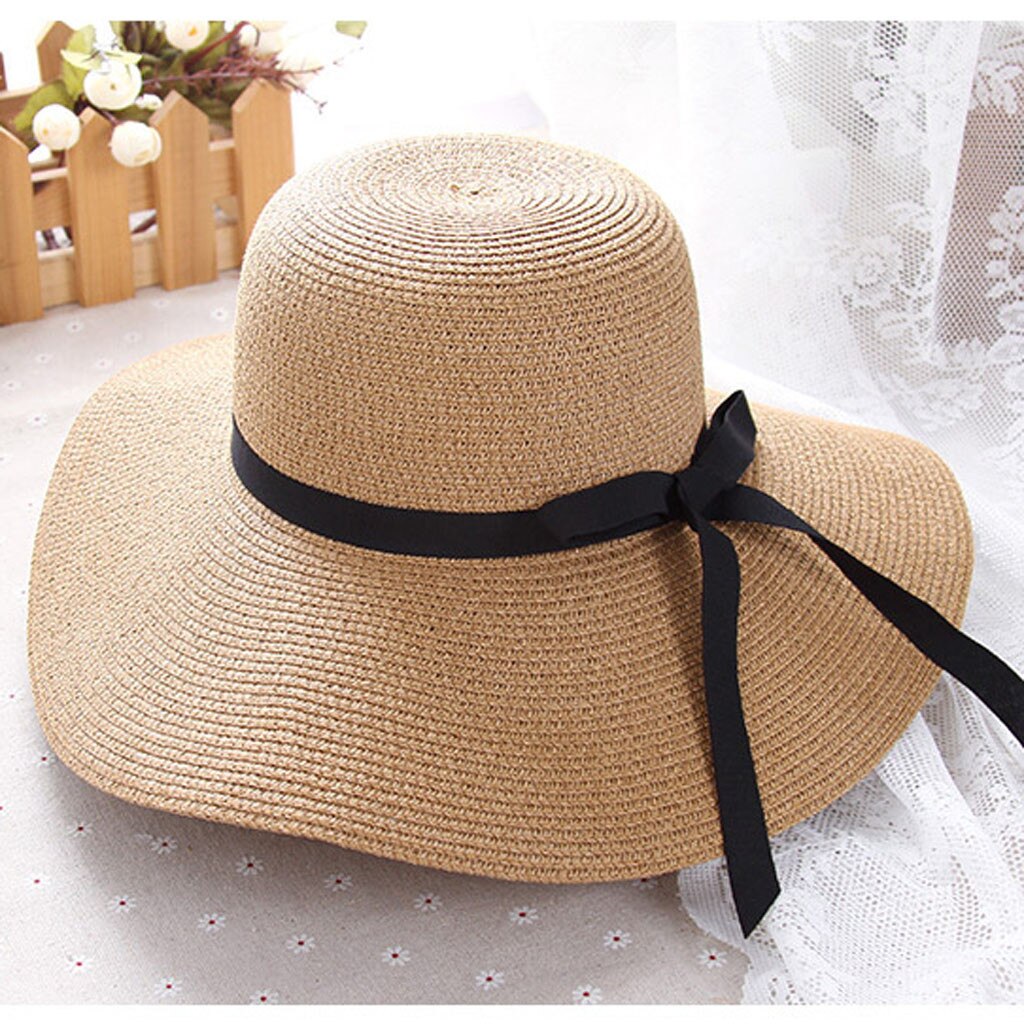 Summer Straw Hat Women Wide Brim Beach Sun Hats Ladies Floppy Beach Sun Foldable Cap Summer Wide Brim Straw Hat: Khaki
