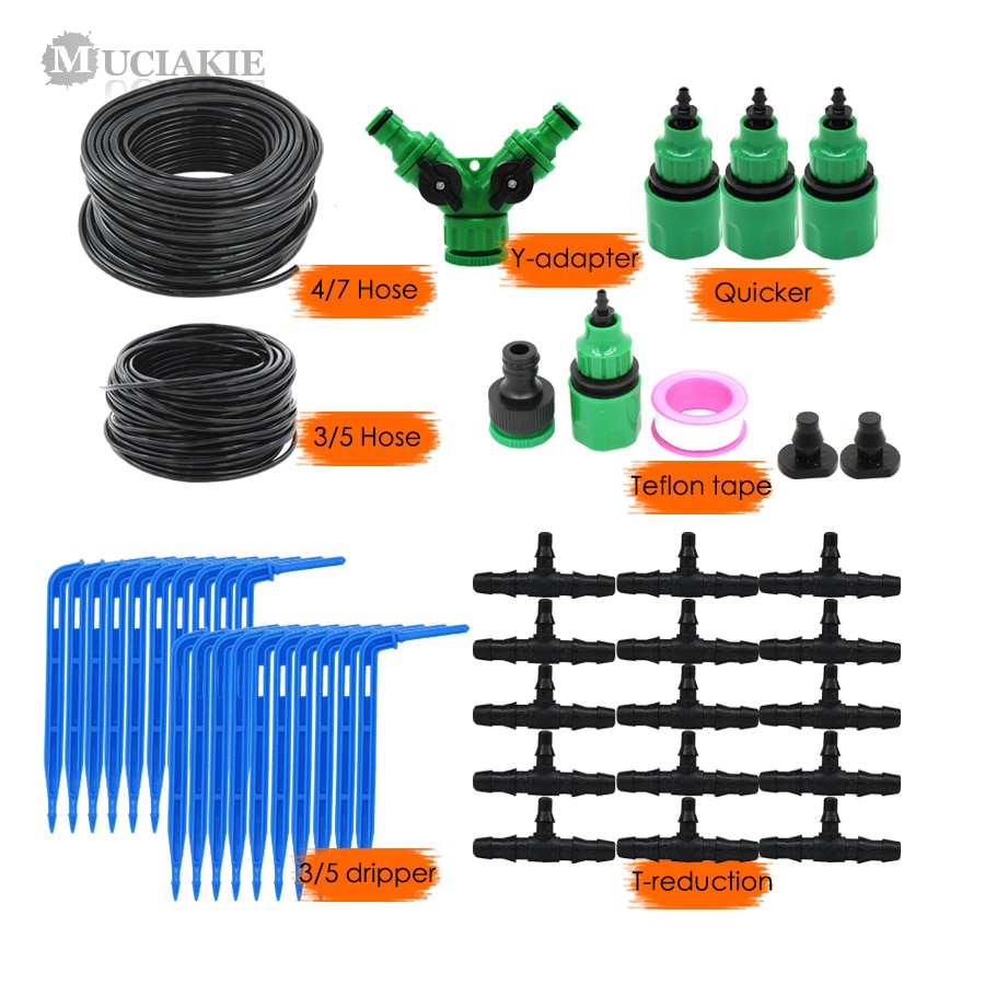 MUCIAKIE 50M 4/7 to 3/5MM Micro Drip Irrigation System Garden Bonsai Plant Dripper Watering Kits with 1/4 1/8'' PVC Hose Elbow