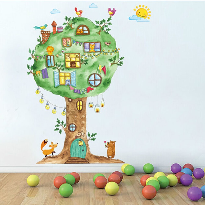 Cartoon Boom Huis Vinyl Muurstickers Voor Kinderen Home Decor Art Decals Muurschildering Kamer Kleuterschool Babykamer Wanddecoratie
