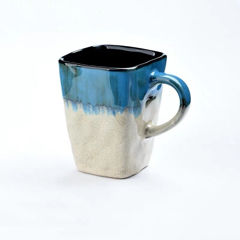 Flow Glaze Square Coffee Mug With Spoon and Lid Retro Tea Cup Simple Household Matte Color Ceramic Milk Water Cup: Blue