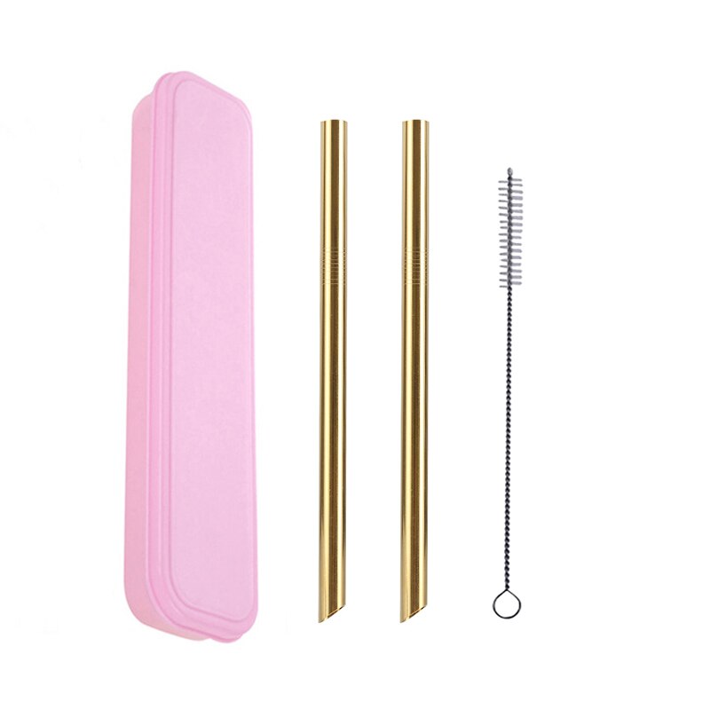 2Pcs Metall Wies Ende Stroh + 1Pc Pinsel Regenbogen Trinkhalme Wiederverwendbare Strohhalme 12mm * 215MM mit Tragbaren Box Oder Tasche: Pink Box Gold