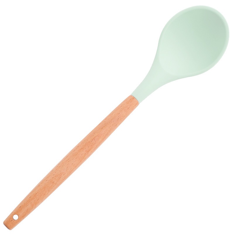 Green Silicone Utensils Kitchen Utensil Set with Multifunction Wooden Handle, Non-Stick Spatula, Ladle, Egg Shovel: 1Pc Secret Spoon