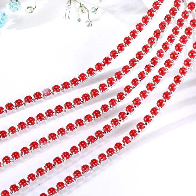 2Mm Crystal Pearl Rhinestone Chain Silver Base Cup Parel Ketting Voor Naaien Diy Kledingstuk Accessoires Trim