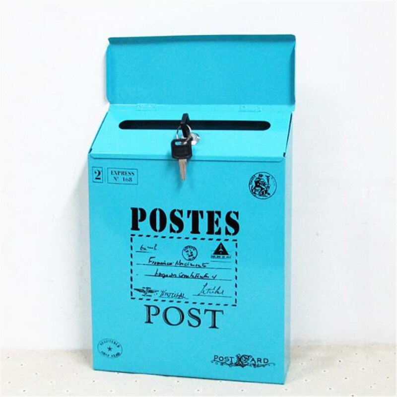 Buzón de correo de estilo americano, lámina de hierro creativa montada en la pared con cerradura, 1 pieza: Blue